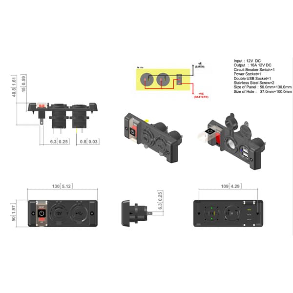 12V vedenkestävä sytytin Dual USB Power Socket Switch Panel autolle RV:lle veneelle