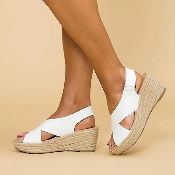 Naisten kesän valkoiset espadrillit, keskikorkoiset kiilat, alusta, nilkkaremmi, koko 38