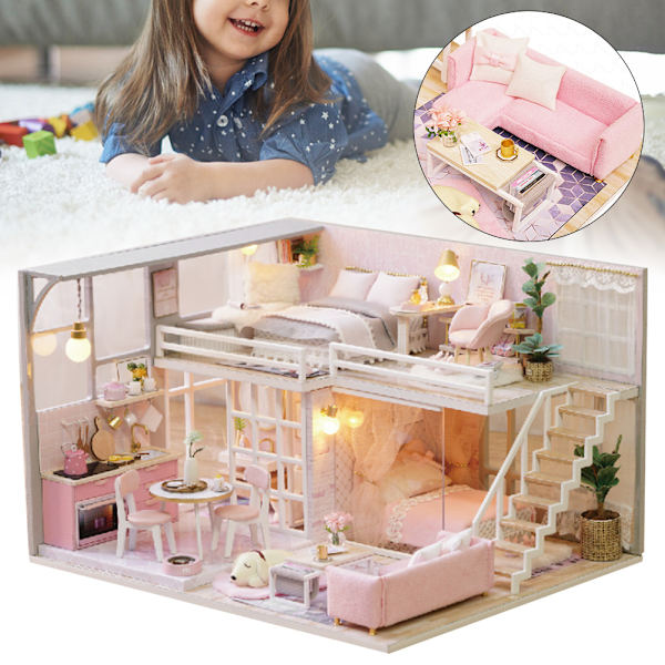 DIY håndlavet miniature rosa pige træ dukkehus model kit legetøj gave