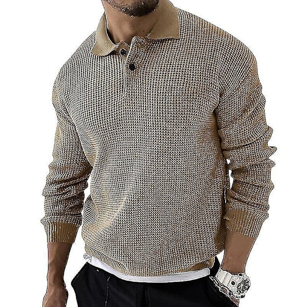 Herr tröja stickad polotröja enfärgad pullover XL beige