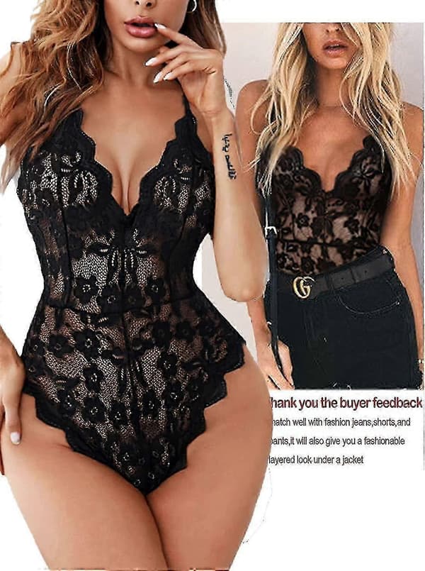 Dameundertøy med dyp V-hals, sexy blondebody, teddy, HZ2 black Medium