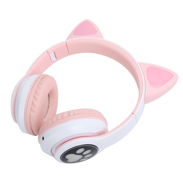 Bluetooth 5.0 Hodetelefoner med Katteører og LED-lys - Trådløse, søte hodetelefoner for unge - Rosa kattepote-mønster