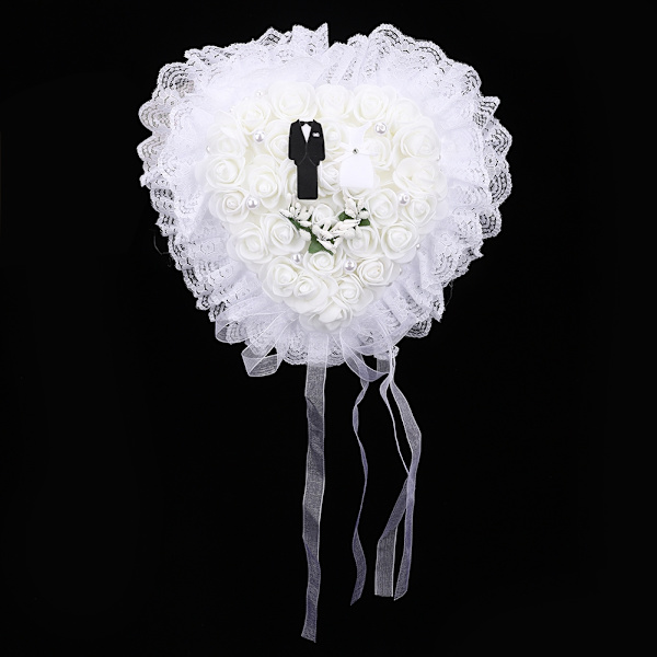 Elegant Hvit Hjerteformet Bryllup Brudgom Brud Ring Pute Holder BoxWhite