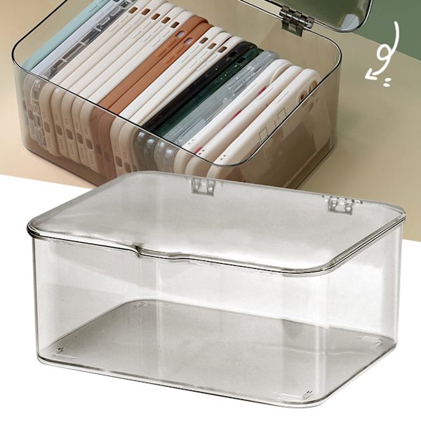Desktop Storage Box Plastic Large Capacity Dustproof Multifunctional Phone Case Storage Holder with Lid Light Gray