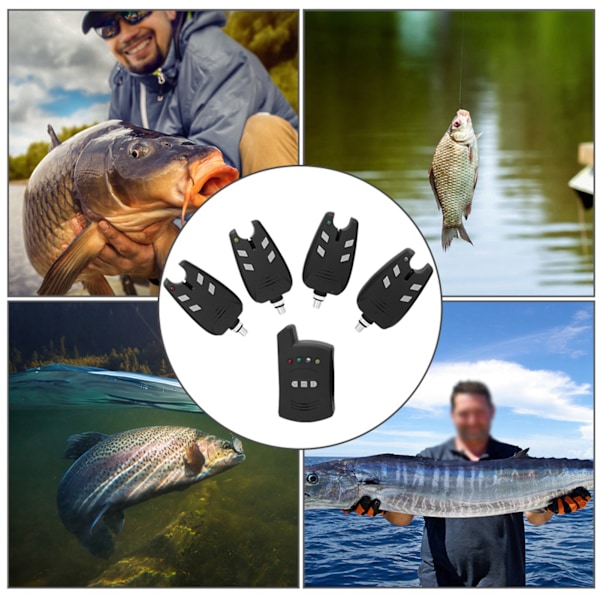 4 stk. fiskebidalarm og 1 stk. modtagerindikator lyd og LED-lys alarm fiskeudstyr tilbehør