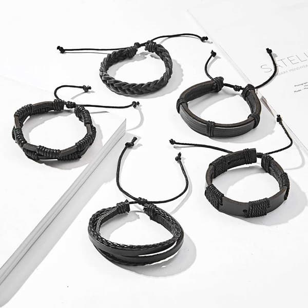 5-pak Håndlavede Læderarmbånd Herrearmbånd sort black