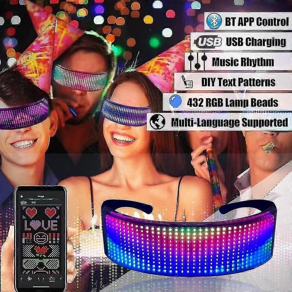 Fullfarge LED-briller med mobilapp, Bluetooth-kontroll, display, strikk-disko, elektriske stavelser, lysende briller