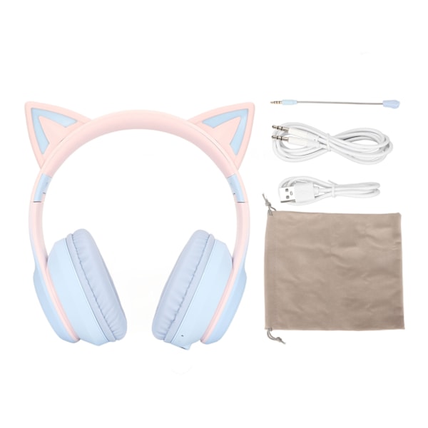 Cat Ear Bluetooth-spelhörlurar Trådlöst hopfällbart musikheadset med LED-ljus Löstagbar mikrofon 3,5 mm kabel Blå