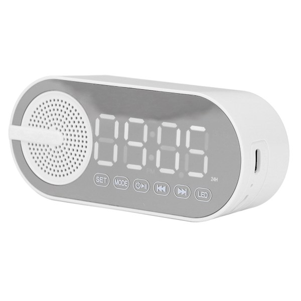 Bluetooth 5.0 Högtalare Spegelklocka Tung Bas FM Radio Uppladdningsbar Digital Väckarklocka med Färgglada Ljus Vit