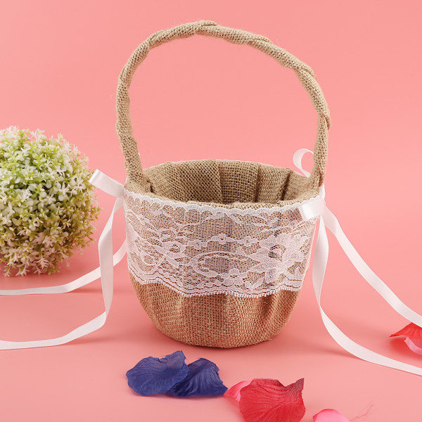 Lin og bomullsblomstjentekurv med blonder, hvit blomsterkurv for bryllup