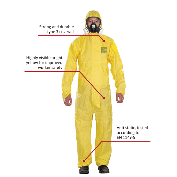 Pluss hette jumpsuit Gul engangs kjemiske verneklær Arbeidsklær Syre- og alkalibestandige klær i ett stykke XXL