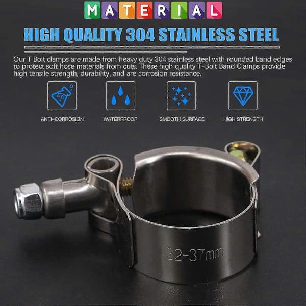 Sæt med 5 bløde kabelklemmer i rustfrit stål, slangeklemmer i rustfrit stål med T-bolt 32-37MM
