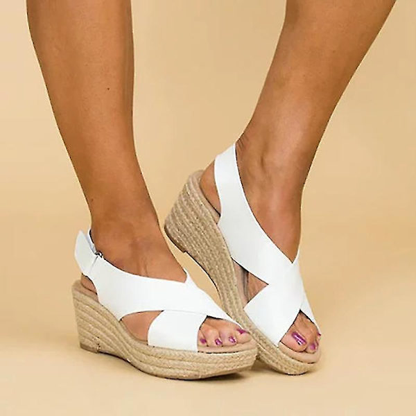Valkoiset Espadrille-pohjalla varustetut korkokengät nilkkapannalla naisille, koko 40