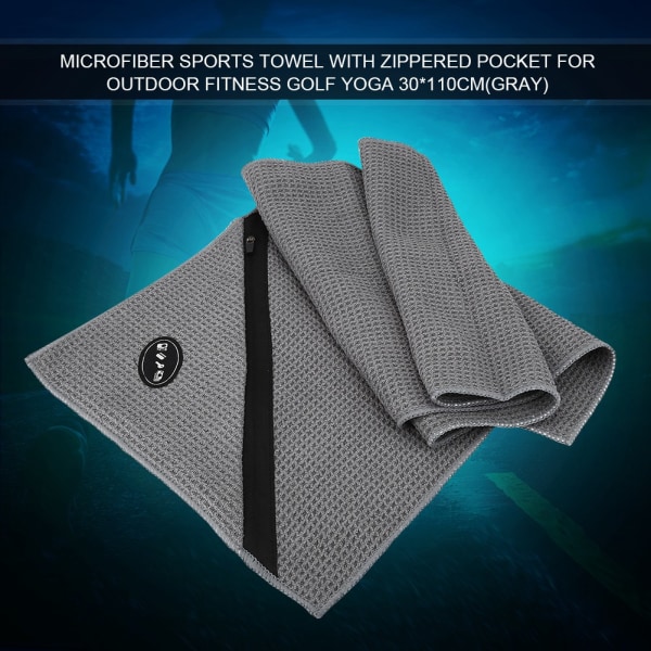Mikrofiber Sport Handduk med Dragkedja Fickor för Utomhus Fitness Golf Yoga 30*110cm(Grå)