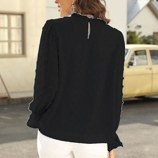 Chiffonbluse for kvinner med rynket hals, lang erme, svart pullovertopp