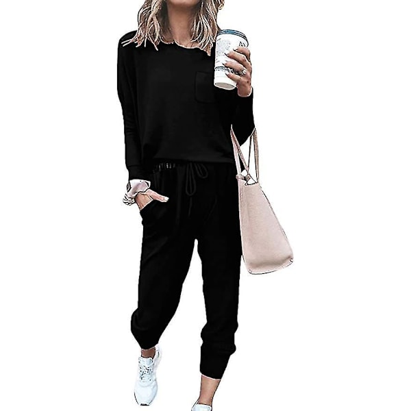 Dam svart XL lös passform 2-delad loungewear set med fickor
