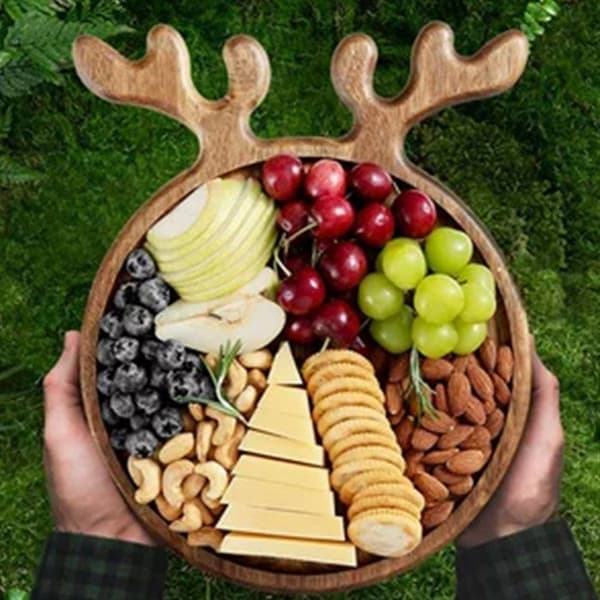 Julemadstallerken i træ, elegant træfad, festlig dekoration, stor størrelse