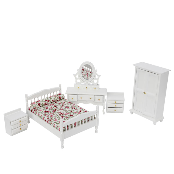 5 stk 1/12 Dukkeskabs Miniatyr Møbler Træ Mini Soveværelses Sæt Tilbehør Soveværelsesmøbelsæt