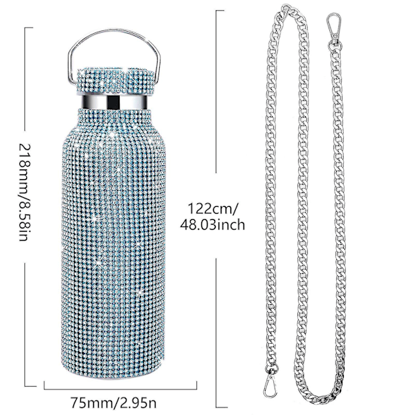 Diamanter Bling Rhinestone Termisk Kolbe i Rustfrit Stål 350ml Blå