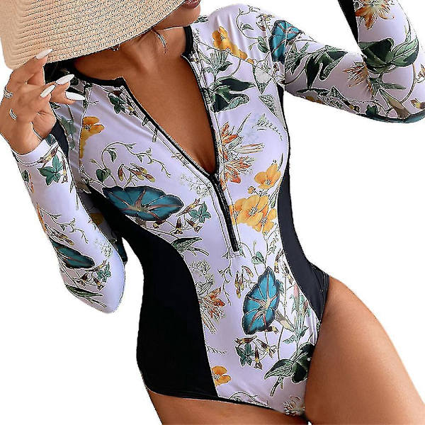 Blomstermønstret Langærmet Zip-Up En-delt Surf Badedragt til Kvinder