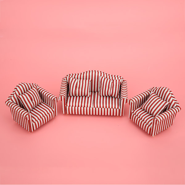 1:12 Mini Dukkehus Dekorasjon Oransje Rød Gull Stripete 3-delt Sofa med 4 Puter