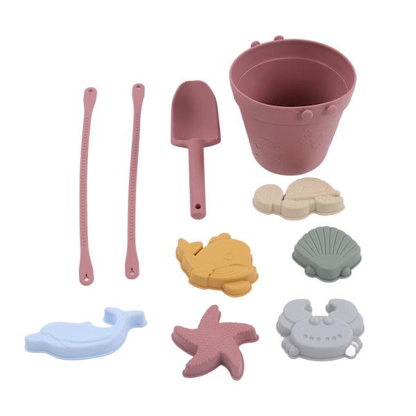 Silikon strandleksaker Babysand Leksaker Setet innehåller silikonhink Djurmodell Sandskyffel StringBrick Red