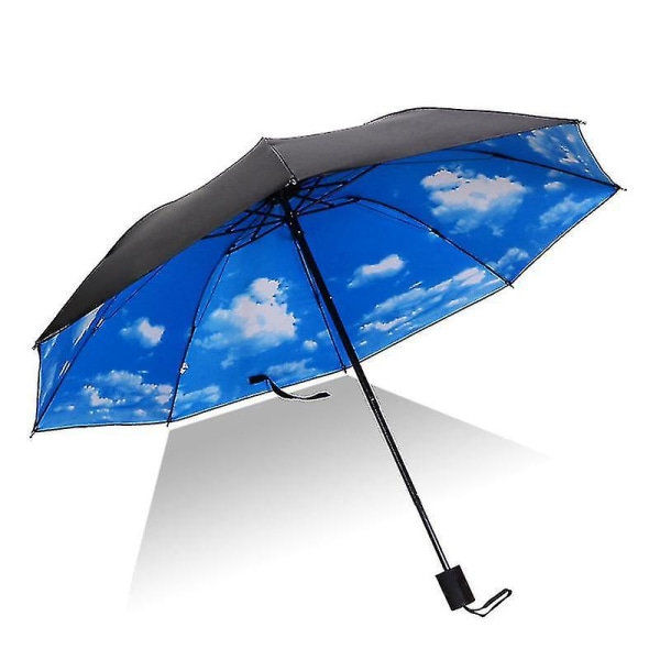 Floral Rain Sun Foldbar Paraply Vindtæt Anti Uv Compact Parasol Blue Sky Flower