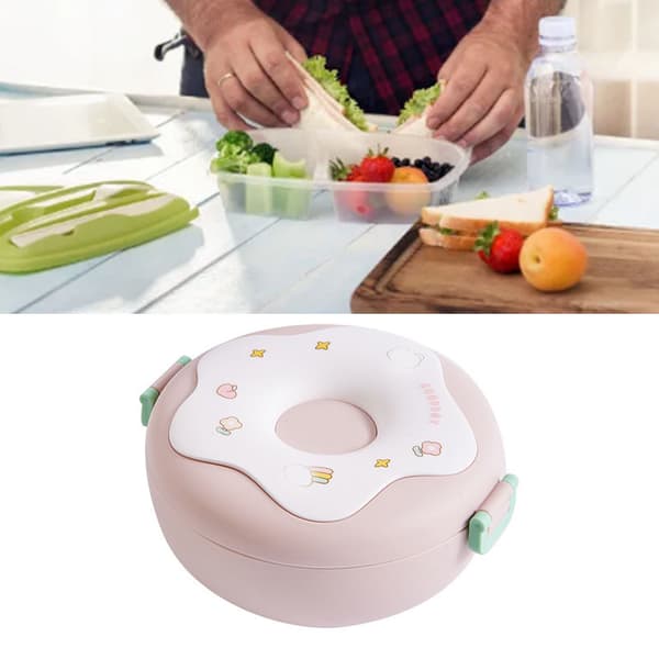 Bento Bowl Donut Shape Heatable with Lid Fork Spoon Plastic Lunch Container for Office School Pink
