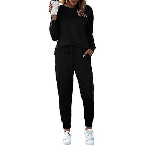 Dam svart XL lös passform 2-delad loungewear set med fickor