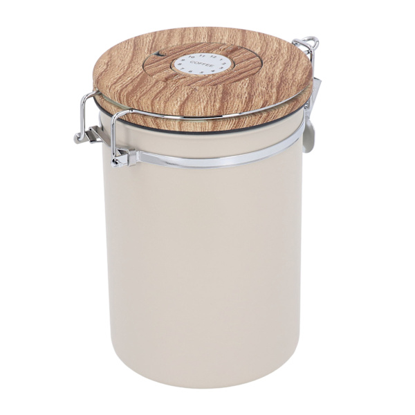 Kaffebeholder 1,8L rustfrit stål Lufttæt opbevaringsbeholder til kaffebønner med dagskontrol stålske til te, mel, korn, sukker Beige