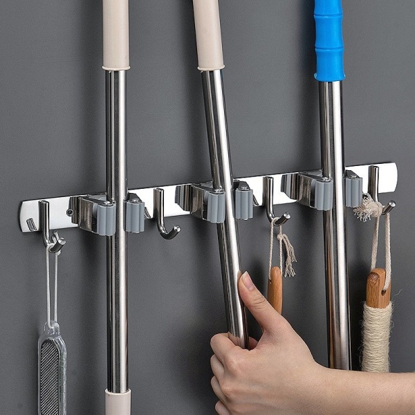 Stansfri multikrok för hushållsmoppklámma i rostfritt stål (grå 2 clips och 3 krokar (dubbel användning för klibbiga naglar)),HANBING