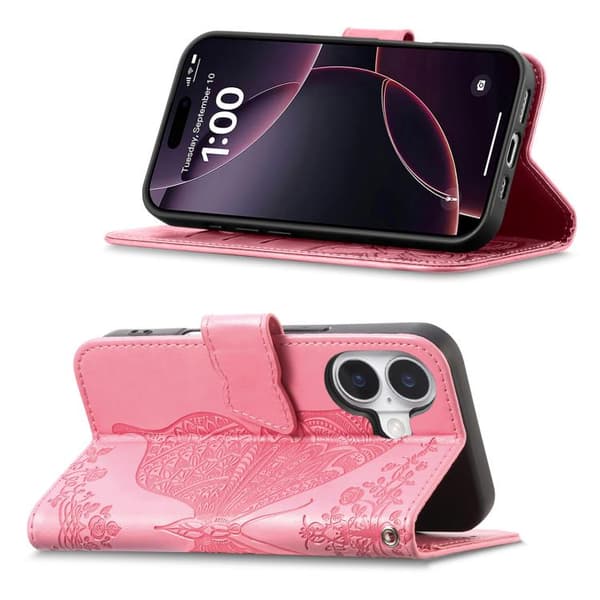 iPhone 17-deksel i lær med preget sommerfuglblomst Rosa