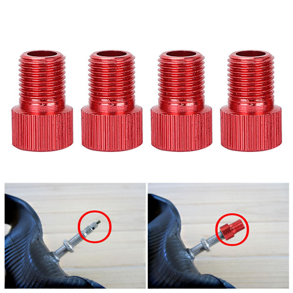 4 stk. Cykel Luftpump Adapter til Presta til Schrader Konverter (rød)
