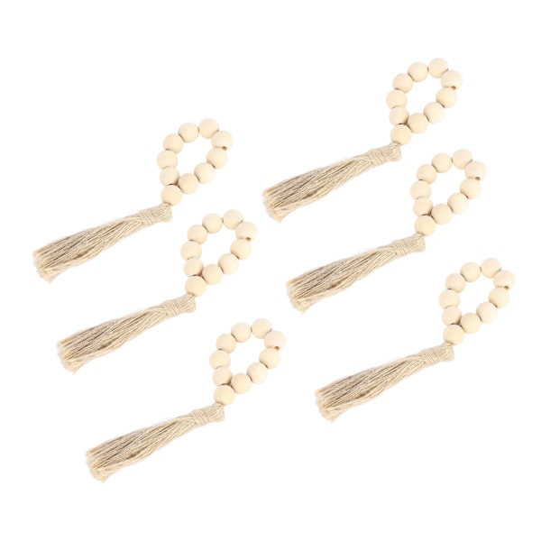 6 stk. Serviettringer med treperler og dusker, serviettklyper med treperler, serviettspenner for bryllupsfestdekor i bondegårdsstil