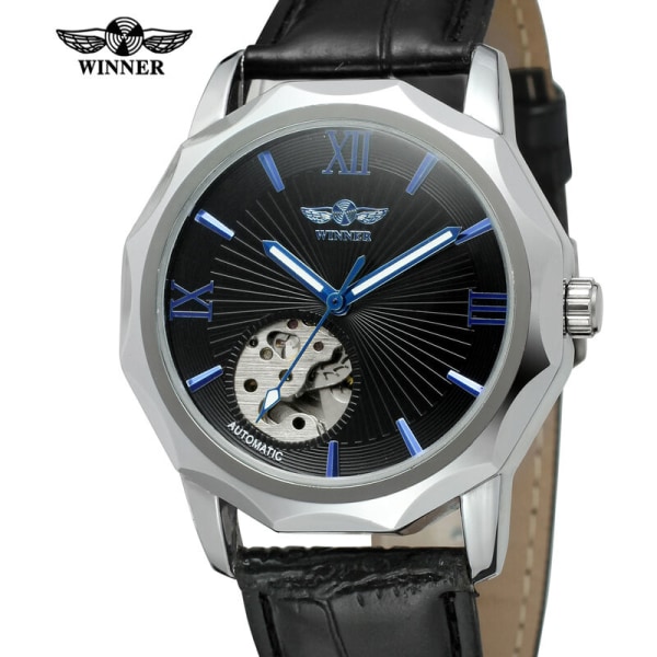 T-Winner Automatisk mekanisk watch för män med läderrem Luminous Display Watch, modell: svart