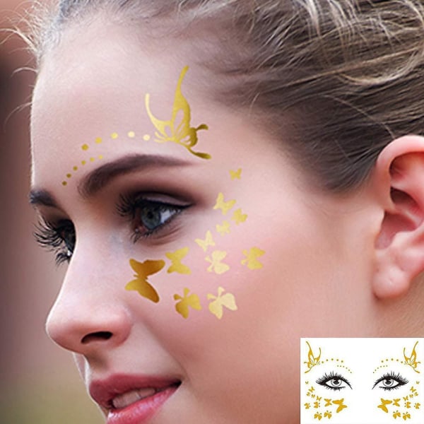 6 st Face Tattoos Sticker, Face Gold Temporary Transfer Tatovering For Kvinnor Flickor Halloween Makeup Dansare Kostymfester