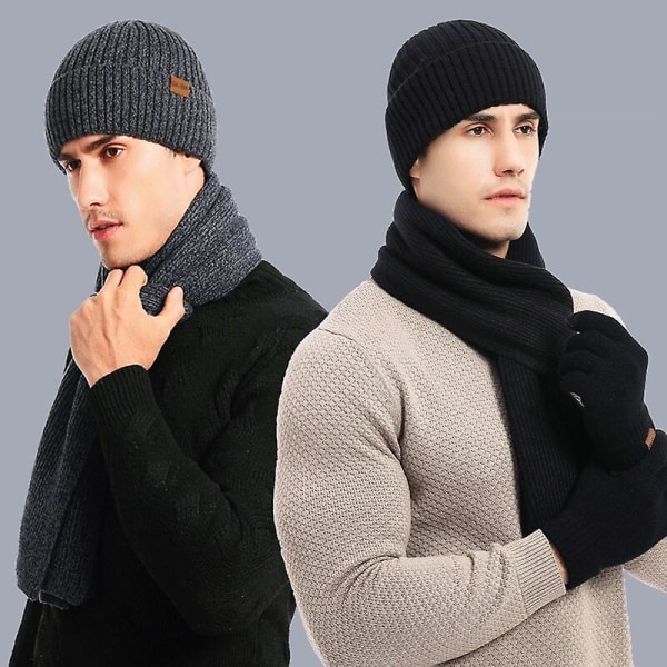 Avanceret vinter- og efterårsvarmedragt strikket uld blandet farve Tykt tørklædehandsker Tredelt jakkesæt Black ONE SIZE