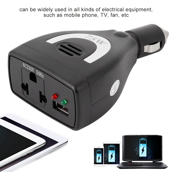 75W DC12V til AC 220V Bilstrømsomformer Konverter USB Oplader Adapter