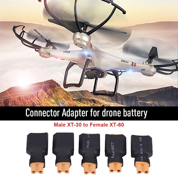 5 st/set RC Drone Connector Adapter Batteriomvandlarkontakt (XT30 hona till XT60 hane)