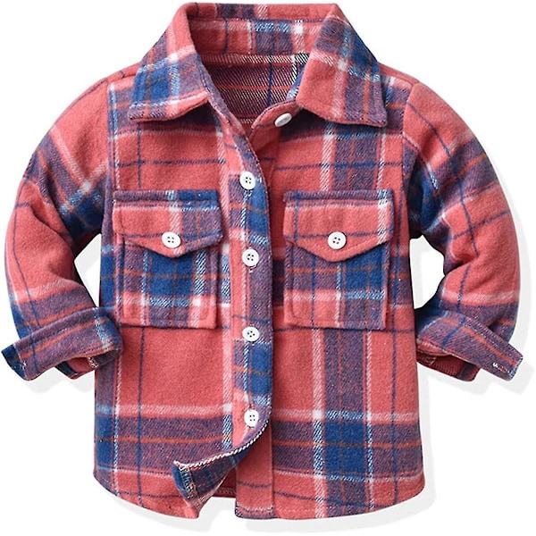 Flanellskjortejakke med rutete mønster for babyjenter og gutter, langærmet jakke med revers og knapper, høst- og vintertøy (5-6 år) - Rosa