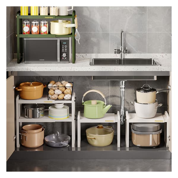 Countertop Kitchen Storage Rack White Plastic Double Layer Telescopic Kitchen Shelf Organizer for Home Stove Sink 8512 1