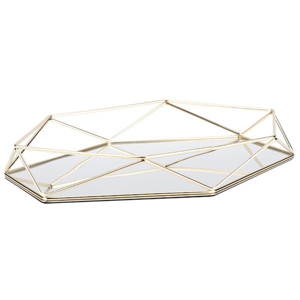 Badrum Sexangle Spegel Metall Guld Kosmetiska Smycken Förvaring Organizer Bricka Box Platta