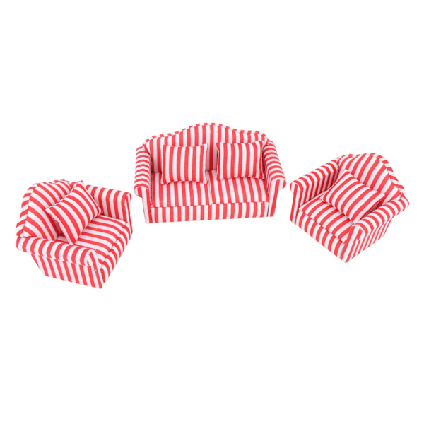 3 stk Dukkehussofa Sett Furutrekk Dobbelsofa 2 Enkelsofa Lys Farge Stripe Miniatyr Sofa for 1:12 Dukkehjem Rød