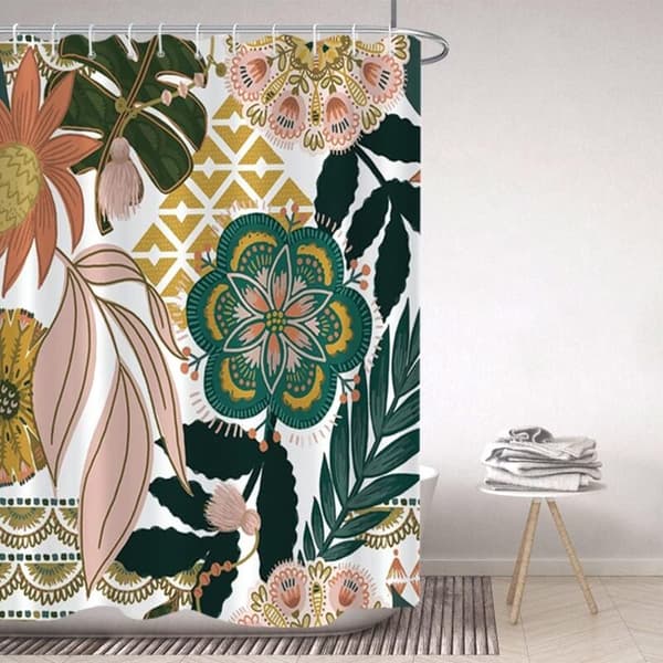 180x180cm Boho-stil Duschdraperi Rosa Blommor Löv Grön Baddraperi[LD]
