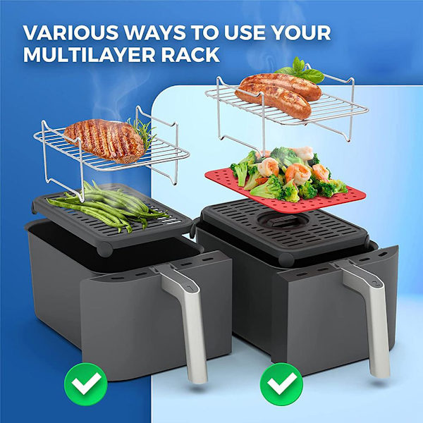 Luftfriteringsstativ for dobbel luftfriter, rustfritt stål, matavfukterstativ, rist, grill, luftfriteringstilbehør