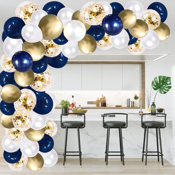 Ballongbåge-kit, marinblå ballongbåge, vit och guld latex[LD]