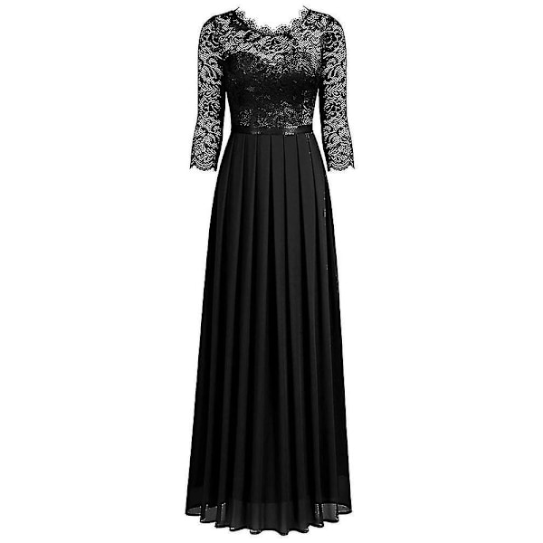 Svart XL Elegant Spets Blommig Festklänning med 3/4 Ärmar