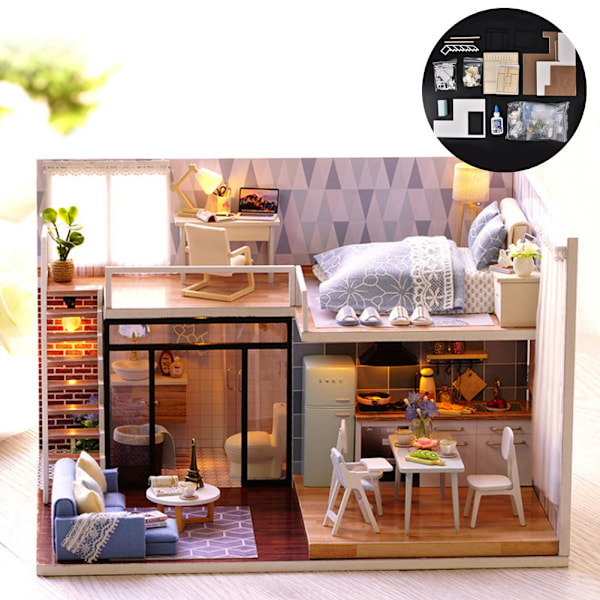 DIY Miniatyr Modern Byggnadsmodell Trähus Montering Dockhus Kit Leksak Present