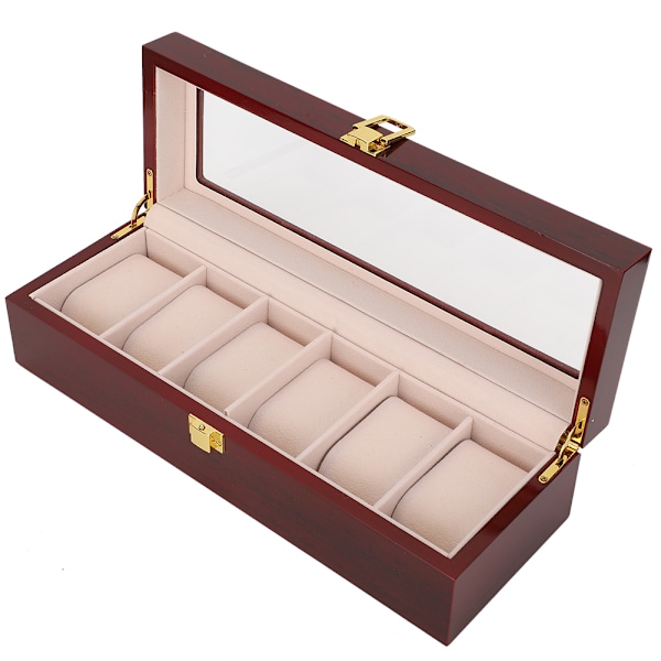 Trä 6 Grid Watch Display Box Transparent fönster Watch förvaringsbox (röd)