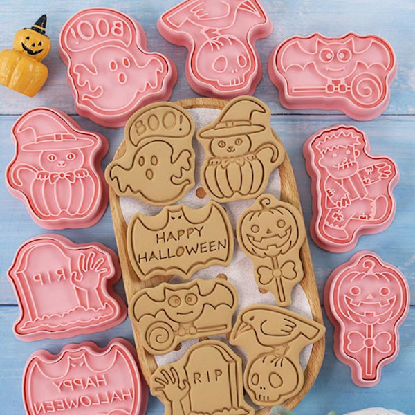 8 st 3D kexskärare Halloween Thanksgiving kexform Bakform Handpress kexstämpel